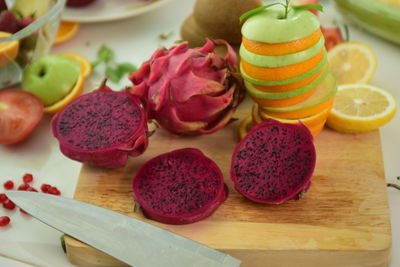 High angle view of chopped fruits on table