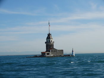 Lighthouse by sea against sky