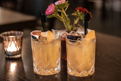 Close-up of drinks in glass on table