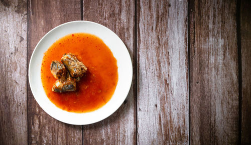 High angle view of soup in bowl on table