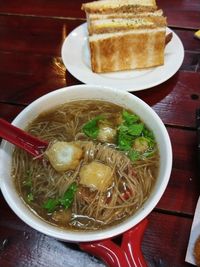 Close-up of served soup in bowl