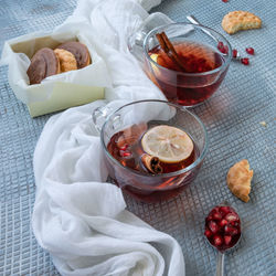 High angle view of fruits in glass on table