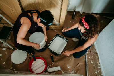 High angle view of woman preparing food at home