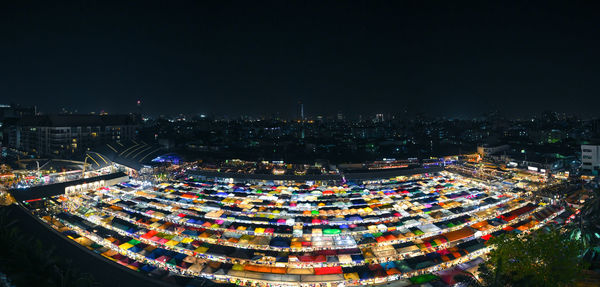 High angle view of illuminated buildings at night