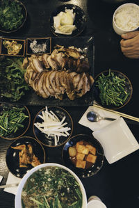 High angle view of meal served on table