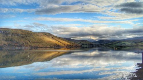 Scenic view of lake and mountains against sky