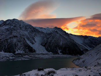 Scenic view of snowcapped mountains against sky during sunset