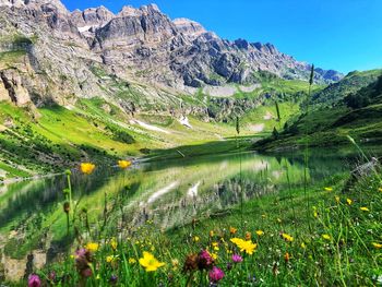 Scenic view of lake against cloudy sky