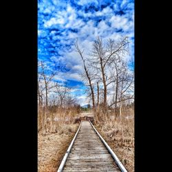 Railroad track amidst bare trees against cloudy sky
