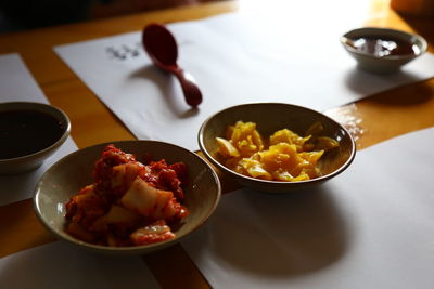 High angle view of meal served on table