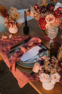 High angle view of flower vase on table