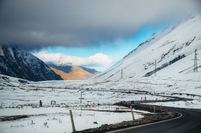 Snow covered landscape against sky