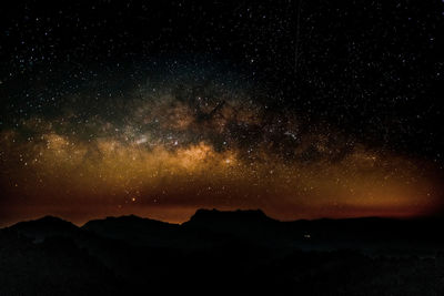 Scenic view of silhouette mountains against sky at night