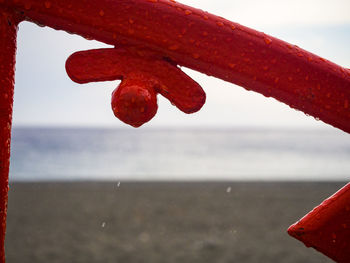 Close-up of red umbrella on beach against sky