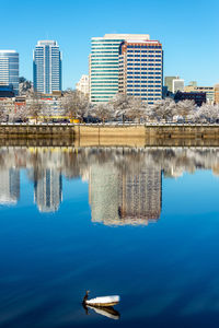 Scenic view of lake against clear blue sky