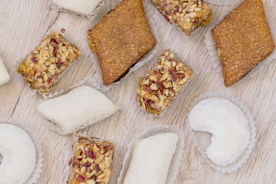 High angle view of breakfast on table