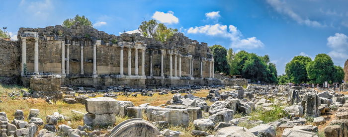 Side, turkey 18.07.2021. ancient city of side in antalya province of turkey on a sunny summer day