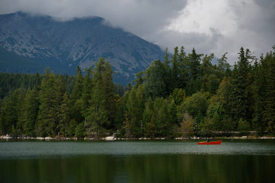 Scenic view of lake by trees against sky