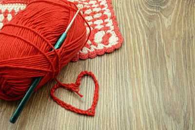 High angle view of colorful crochets on table