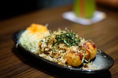 Close-up of seafood in plate on table