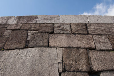 Low angle view of brick wall against clear sky