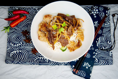 High angle view of meal served on table