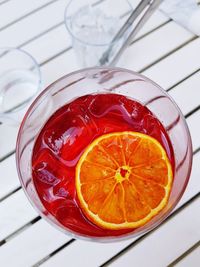 High angle view of fruits in glass on table