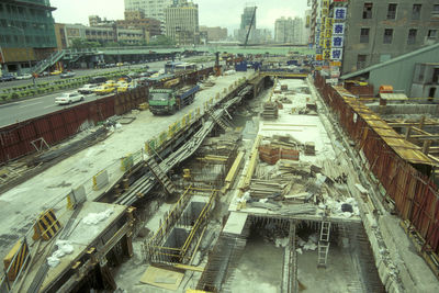 High angle view of street amidst buildings in city