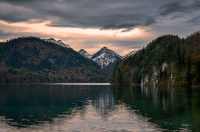 Scenic view of lake by mountains against sky