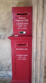 Close-up of red mailbox