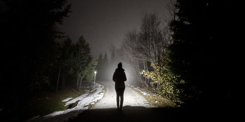 Rear view of silhouette man walking on road