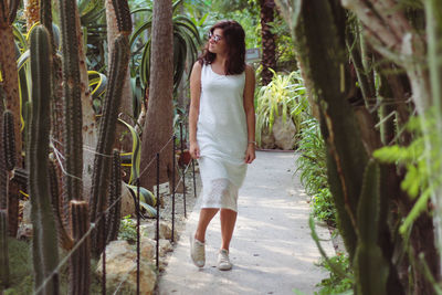 Young woman looking at cactus while walking in botanical garden