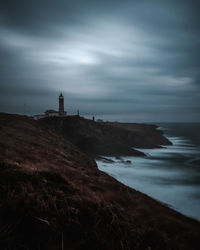 Lighthouse by sea against sky