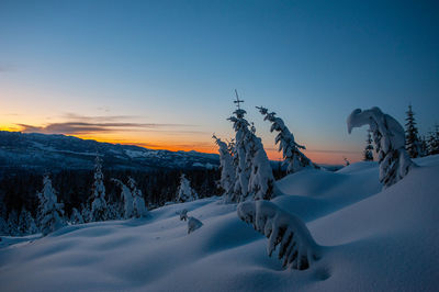 Snow covered landscape against sky during sunset