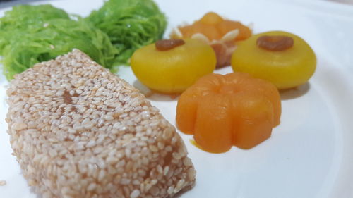 Close-up of fish served in plate on table