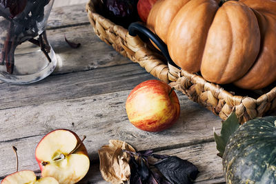 High angle view of pumpkins on table