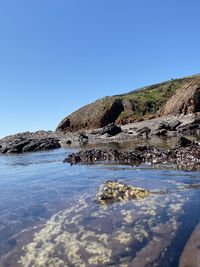 Rock formation in sea against clear blue sky