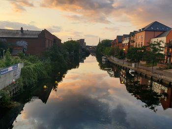 Canal amidst buildings against sky during sunset