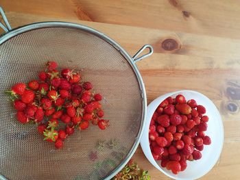 High angle view of strawberries on table