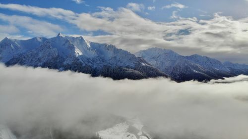 Scenic view of snowcapped mountains against sky