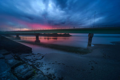 Bridge over river against sky at dusk