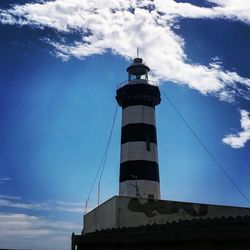 Low angle view of lighthouse by building against sky