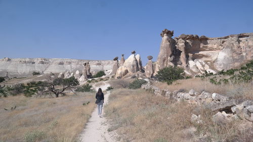 Rear view of men walking on rocks against clear sky