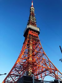 Low angle view of tokyo tower against clear blue sky