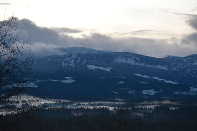 Scenic view of mountains against sky during winter