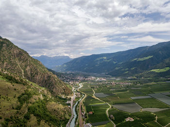 High angle view of agricultural landscape against sky