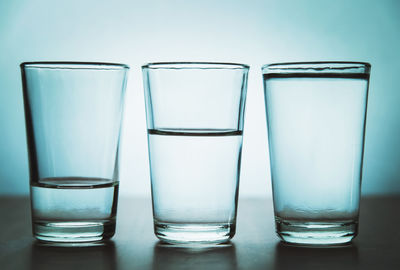 Glass of water on table against wall