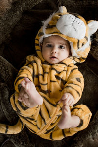 High angle portrait of cute baby girl wearing costume lying on blanket at home