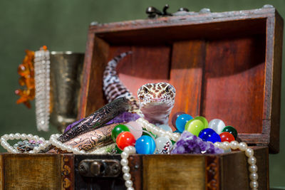 Close-up of christmas decorations on table