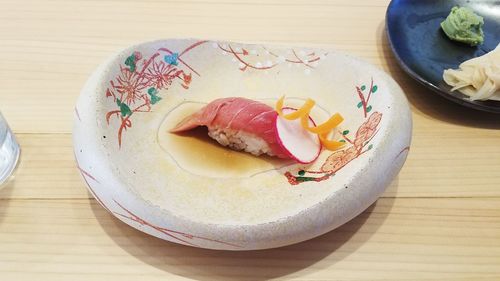 High angle view of food in plate on table